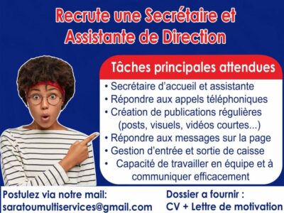 RECRUTE SECRETAIRE D'ACCUEIL & ASSISTANTE DE DIRECTION