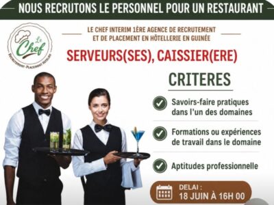 RECRUTE DES SERVEUSES & CAISSIER(RE)