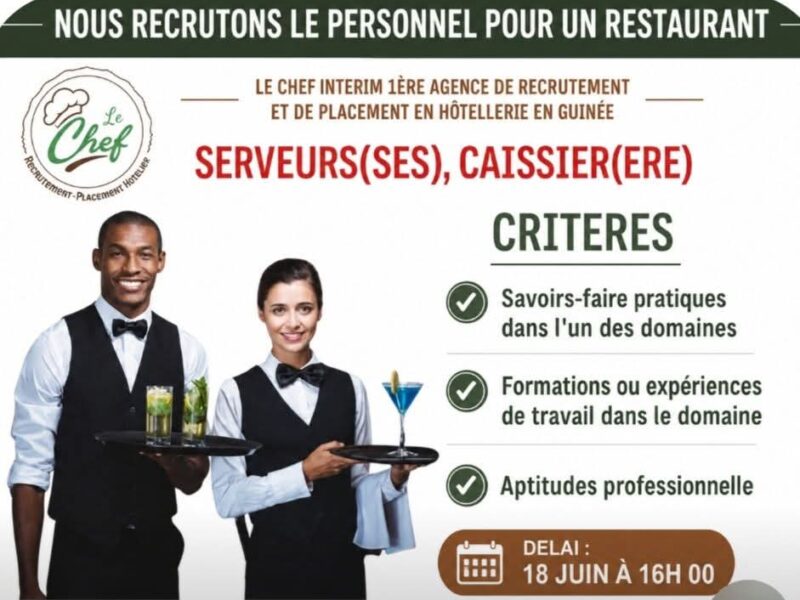 RECRUTE DES SERVEUSES & CAISSIER(RE)
