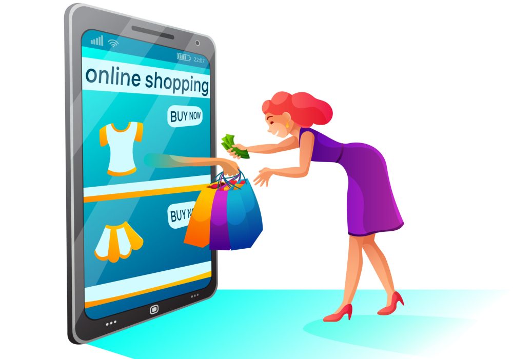 Online shopping illustration, smiling woman uses smartphone to buy clothes. Cartoon character makes purchases isolated design element, mobile service for buying, girl gets shopping bags